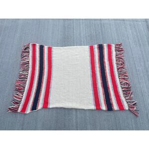 Vintage Handmade Crochet Afghan Striped Red‎ White Blue Nautical Fringe Retro